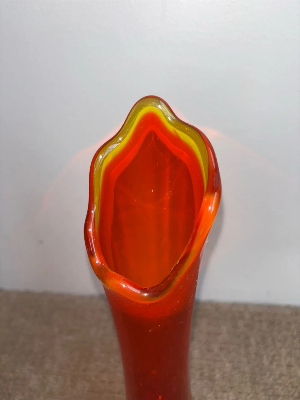 Vintage Viking glass orange Bud Vase with Yellow scalloped Rim